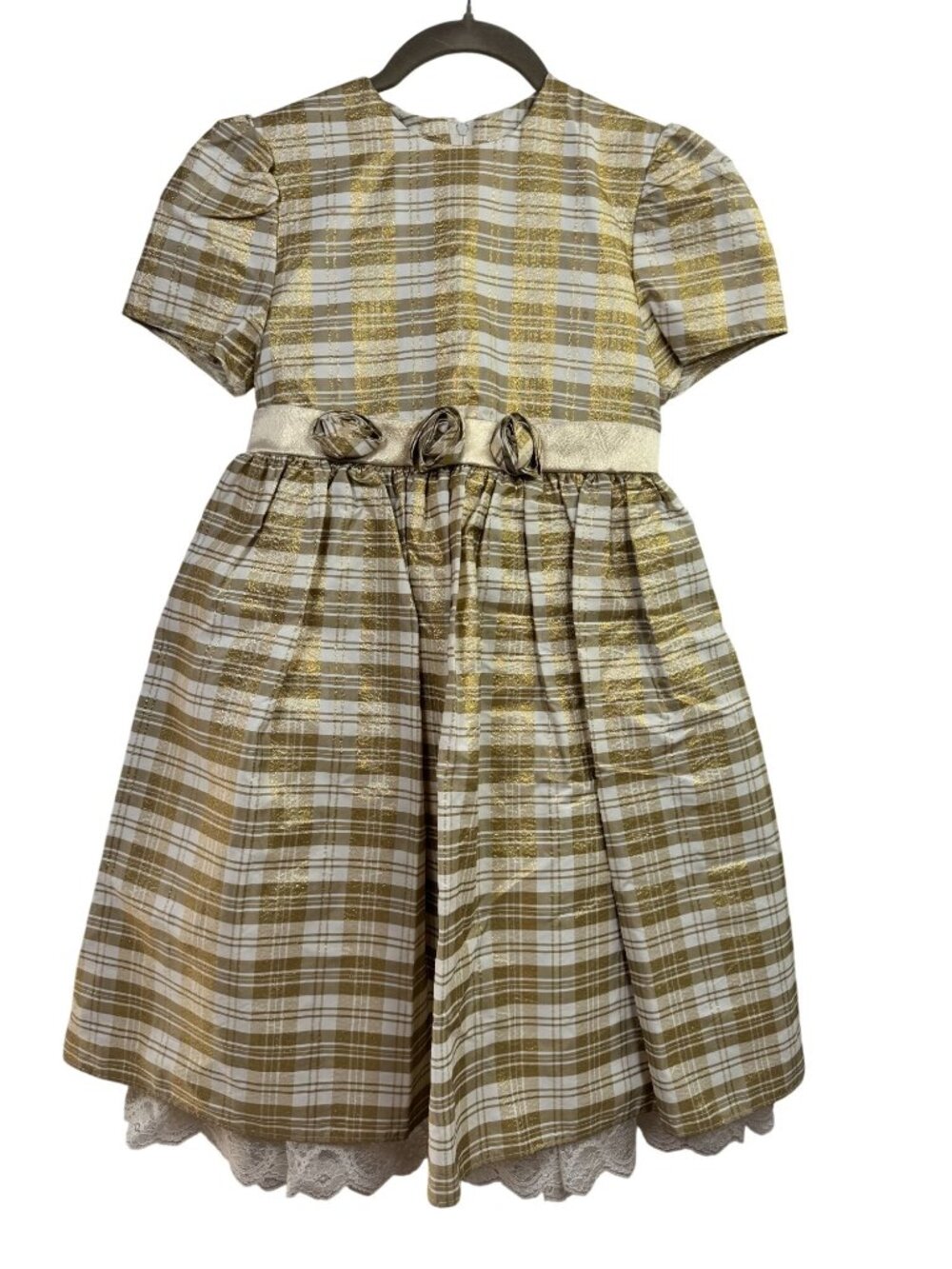 Jessica McClintock Girls Gold Plaid Dress Floral Sash Lace Puff Sleeves Kids 8